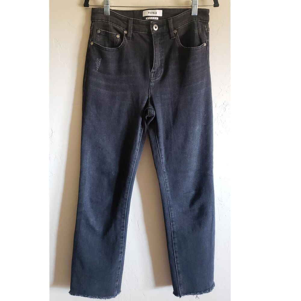 Pistola Jeans Lexi Womens Sz. 27 Frayed Hem Black Distressed Straight Leg Denim